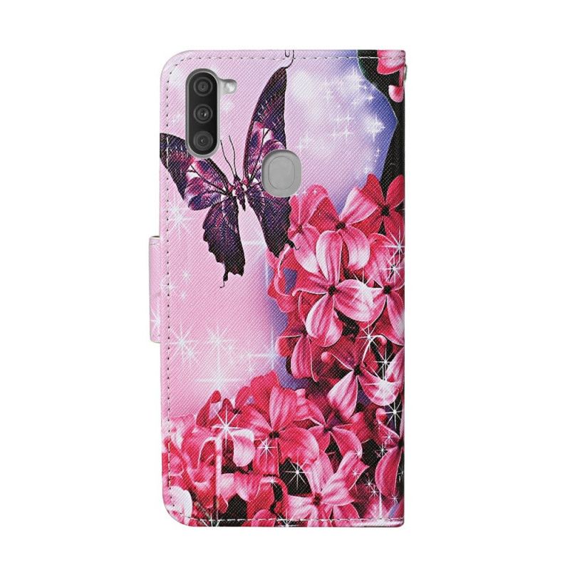 Lederhüllen Samsung Galaxy M11 Magenta Tanga Blumenschmetterlinge