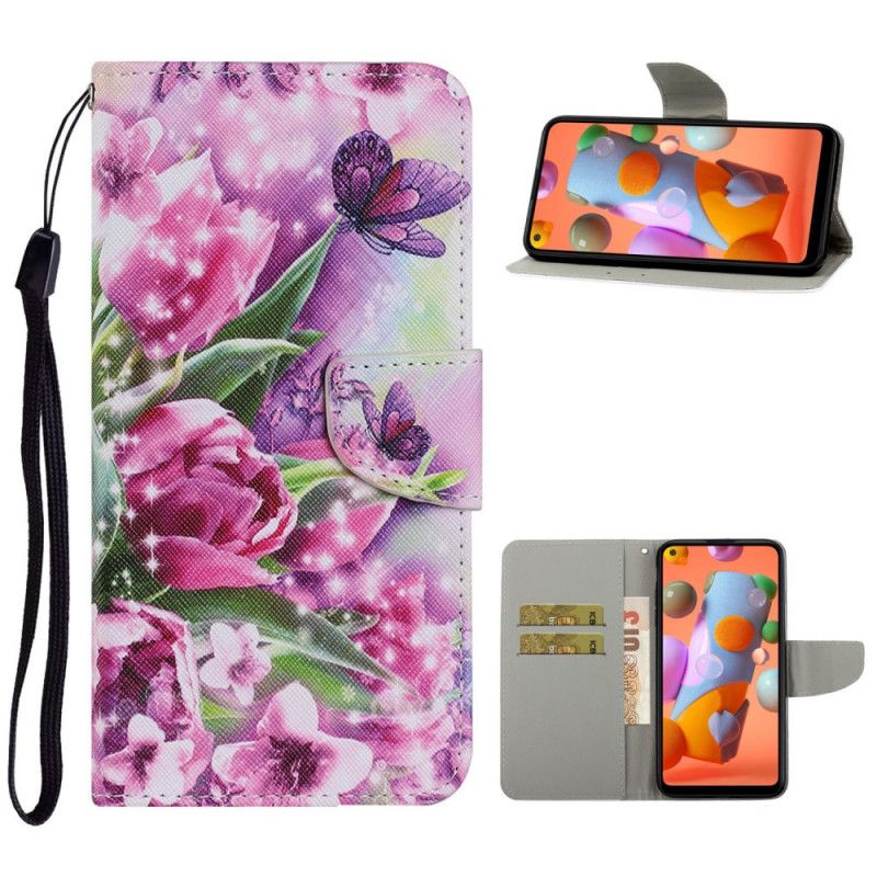 Lederhüllen Samsung Galaxy M11 Schmetterlinge Und Tulpen