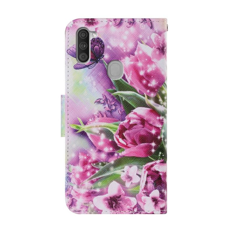 Lederhüllen Samsung Galaxy M11 Schmetterlinge Und Tulpen