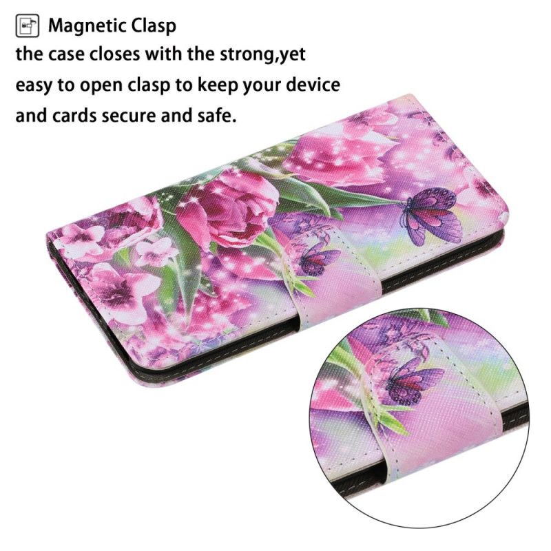 Lederhüllen Samsung Galaxy M11 Schmetterlinge Und Tulpen