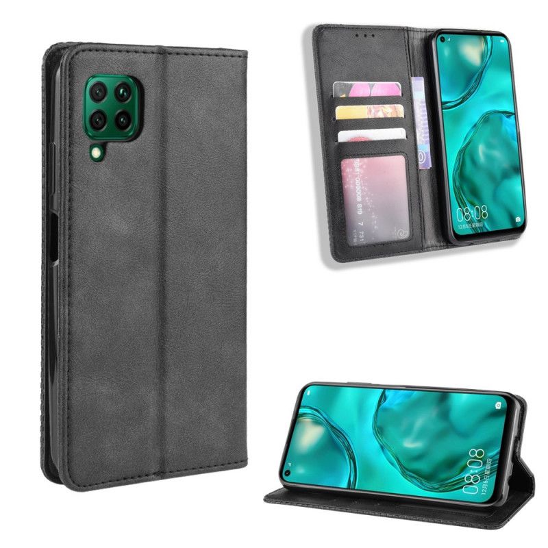 Flip Case Huawei P40 Lite Schwarz Stilisierter Vintage-Ledereffekt