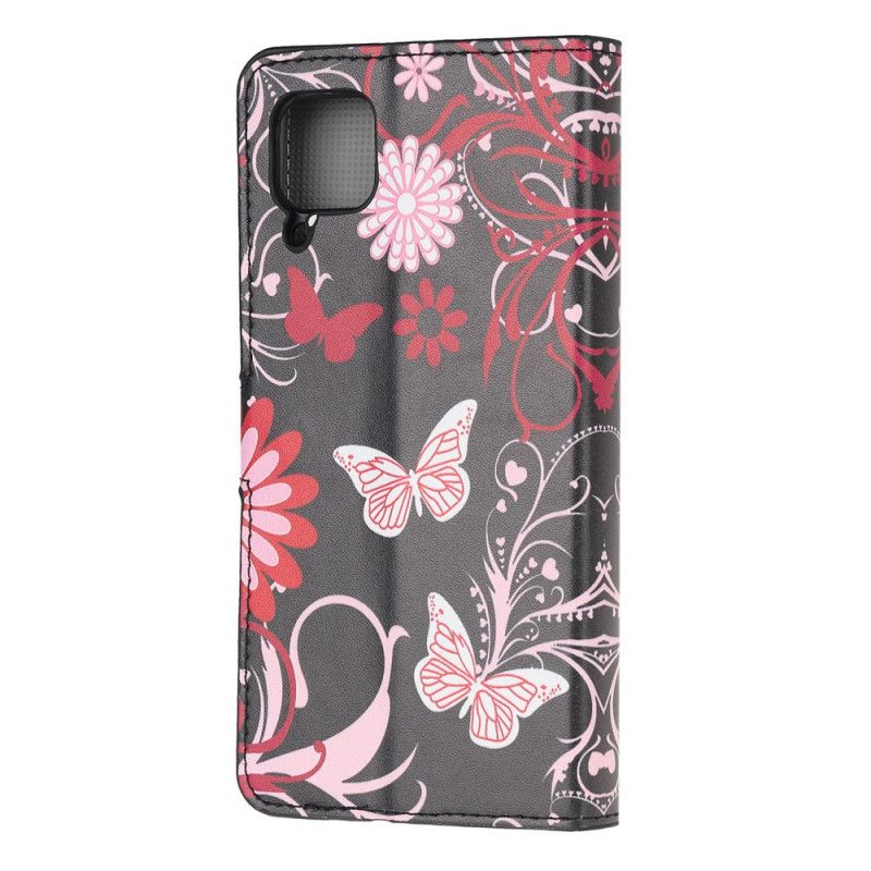 Lederhüllen Für Huawei P40 Lite Schwarz Schmetterlinge Und Blumen
