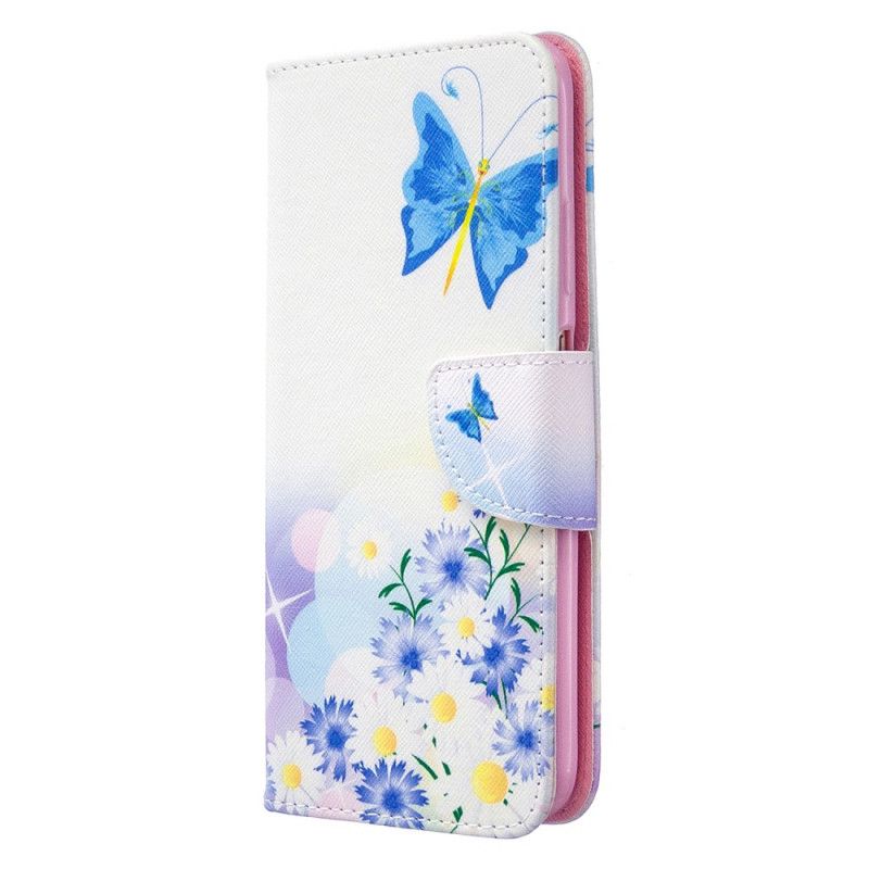Lederhüllen Huawei P40 Lite Magenta Bemalte Schmetterlinge Und Blumen