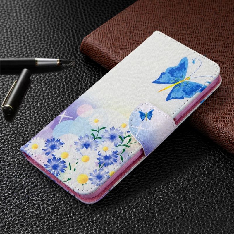 Lederhüllen Huawei P40 Lite Magenta Bemalte Schmetterlinge Und Blumen