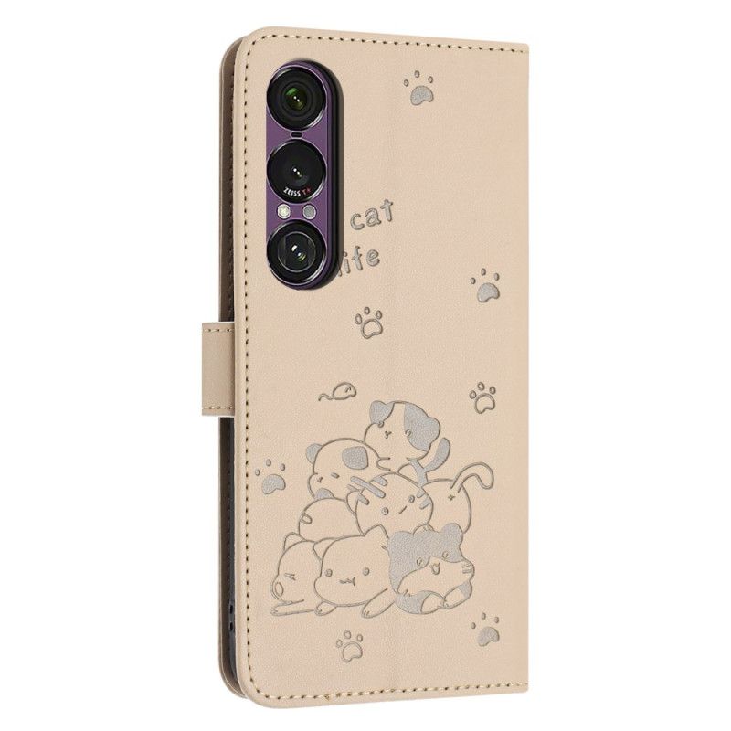 Lederhüllen Für Sony Xperia 1 Vii Cartoon-katzen Mit Riemen