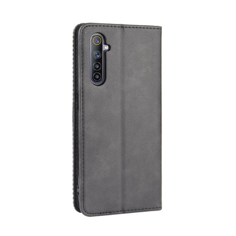 Flip Case Realme 6 Schwarz Stilisierter Vintage-Ledereffekt