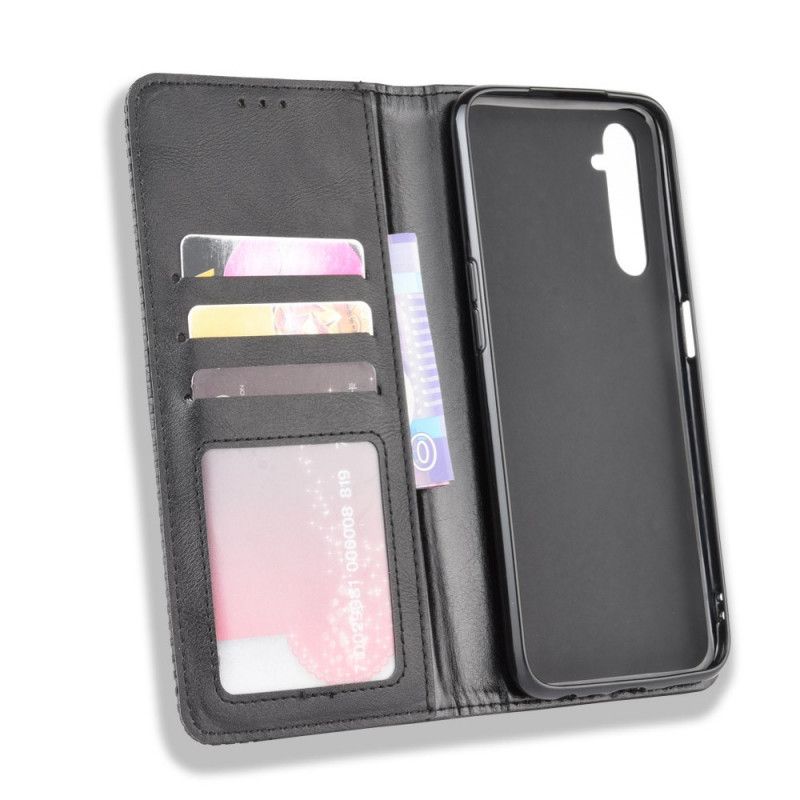 Flip Case Realme 6 Schwarz Stilisierter Vintage-Ledereffekt