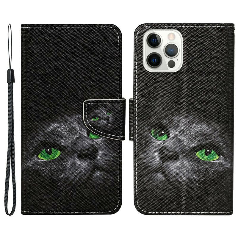Lederhüllen Für Iphone 13 Pro Grüne Katzenaugen Mit Lanyard