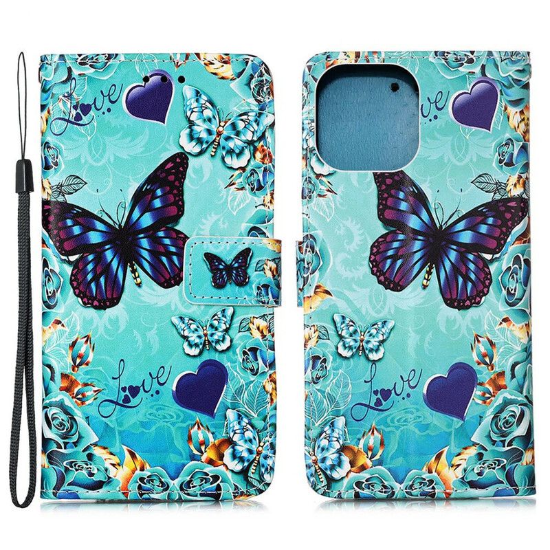 Lederhüllen Für Iphone 13 Pro Liebe Schmetterlinge Riemchen