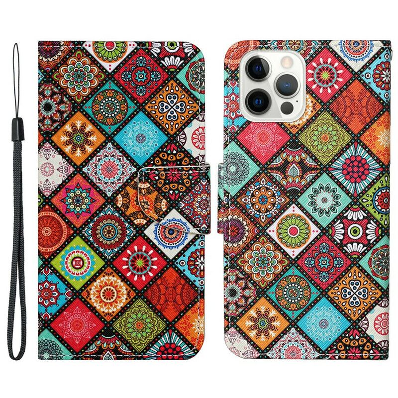 Lederhüllen Iphone 13 Pro Handyhülle Patchwork Mandalas Mit Lanyard