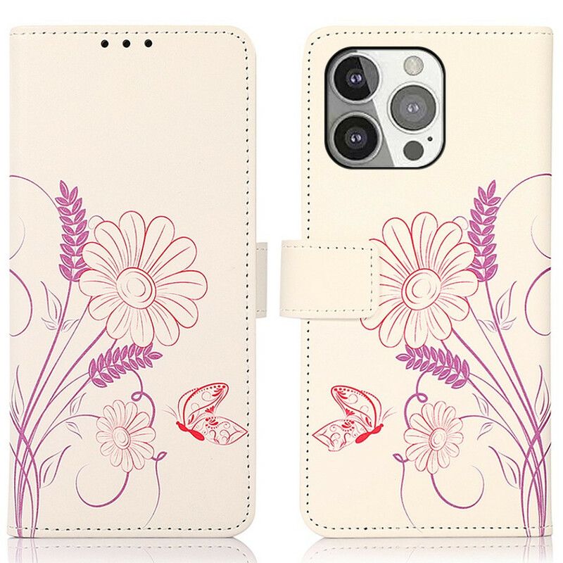 Lederhüllen Iphone 13 Pro Handyhülle Schmetterlinge Und Blumen Zeichnen