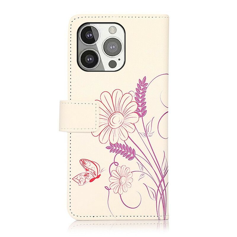 Lederhüllen Iphone 13 Pro Handyhülle Schmetterlinge Und Blumen Zeichnen