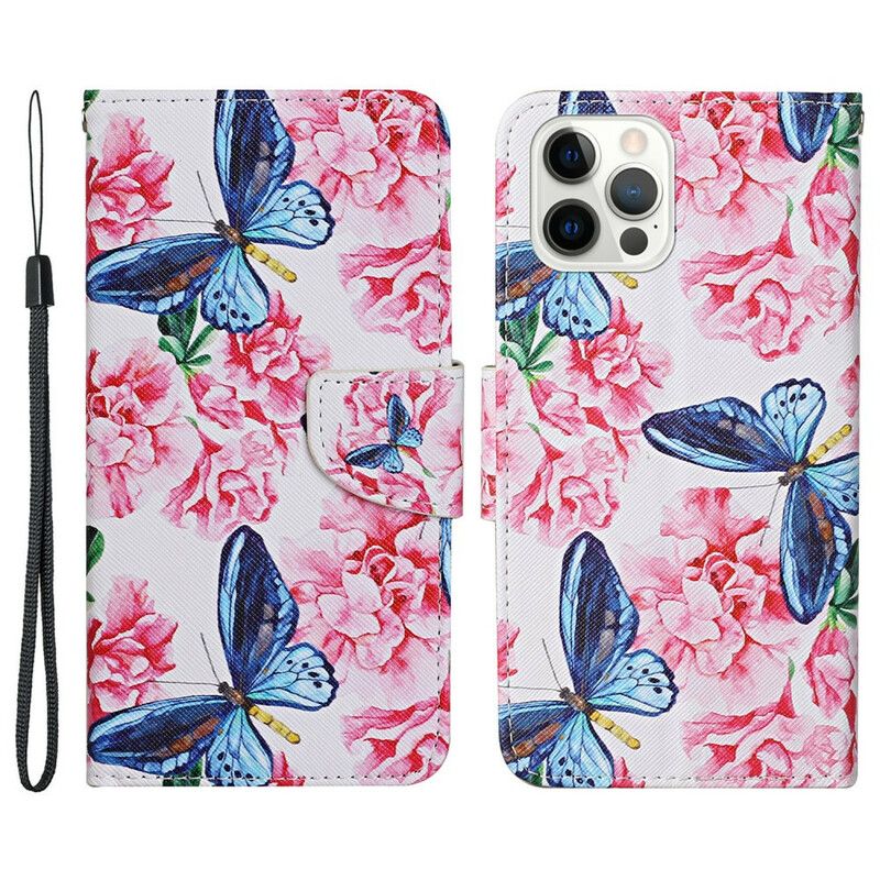 Lederhüllen Iphone 13 Pro Meisterhafte Schmetterlinge Mit Lanyard