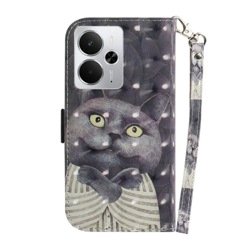 Lederhüllen Realme 14 5g Handyhülle Graue Katze Mit Lanyard