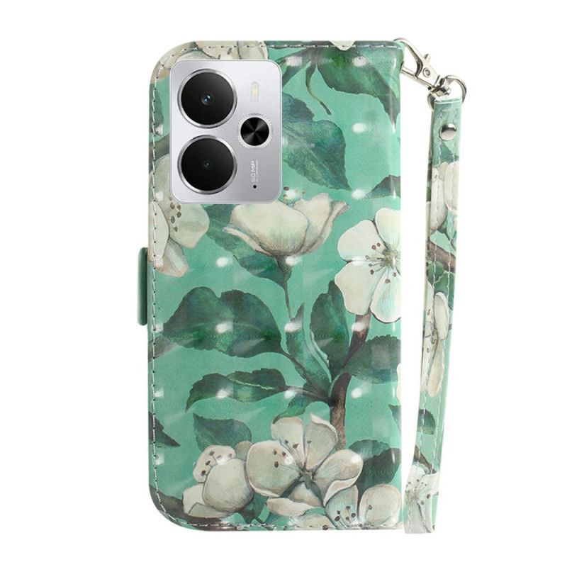 Lederhüllen Realme 14 5g Weiße Blumen Mit Lanyard