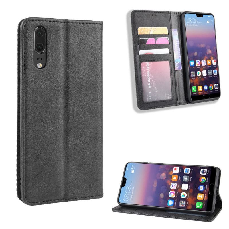 Flip Case Für Huawei P20 Schwarz Stilisierter Vintage-Ledereffekt