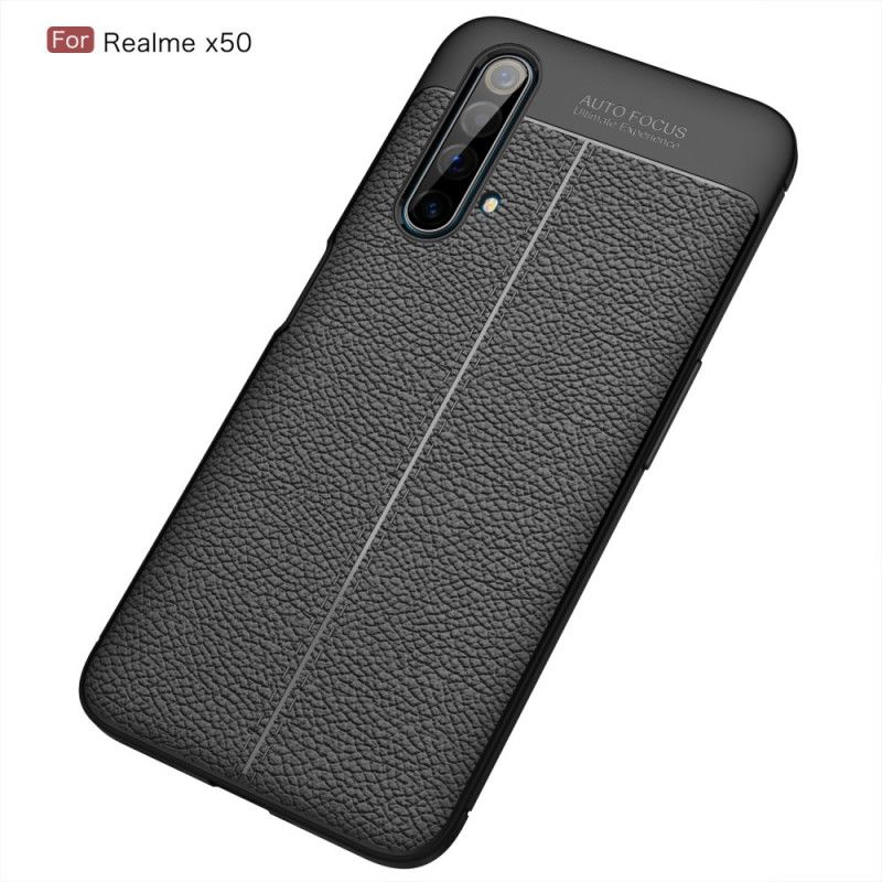 Hülle Realme X50 Schwarz Doppellinien-Litschileder-Effekt