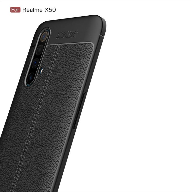 Hülle Realme X50 Schwarz Doppellinien-Litschileder-Effekt