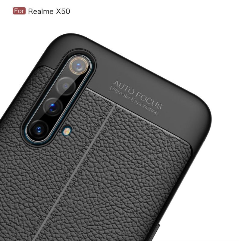 Hülle Realme X50 Schwarz Doppellinien-Litschileder-Effekt