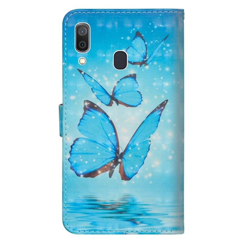 Lederhüllen Für Samsung Galaxy A30 Fliegende Blaue Schmetterlinge