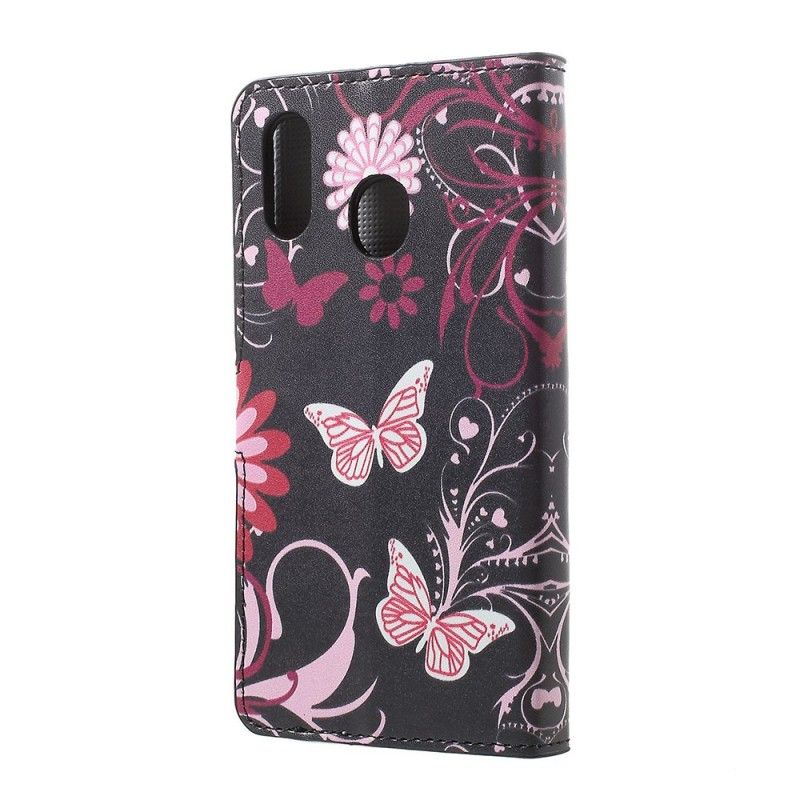 Lederhüllen Für Samsung Galaxy A30 Hellblau Schmetterlinge Und Blumen