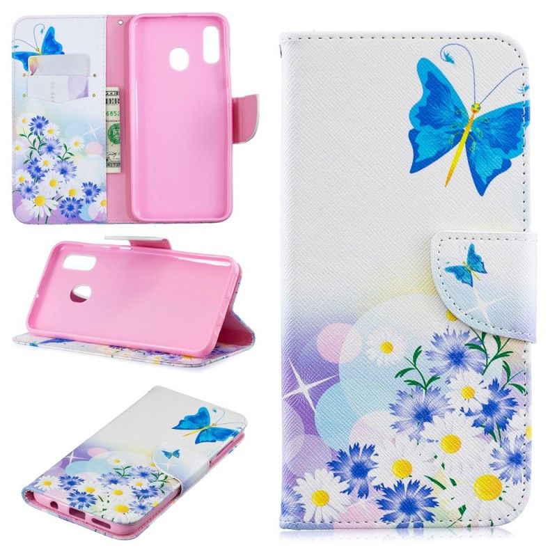 Lederhüllen Samsung Galaxy A30 Magenta Bemalte Schmetterlinge Und Blumen