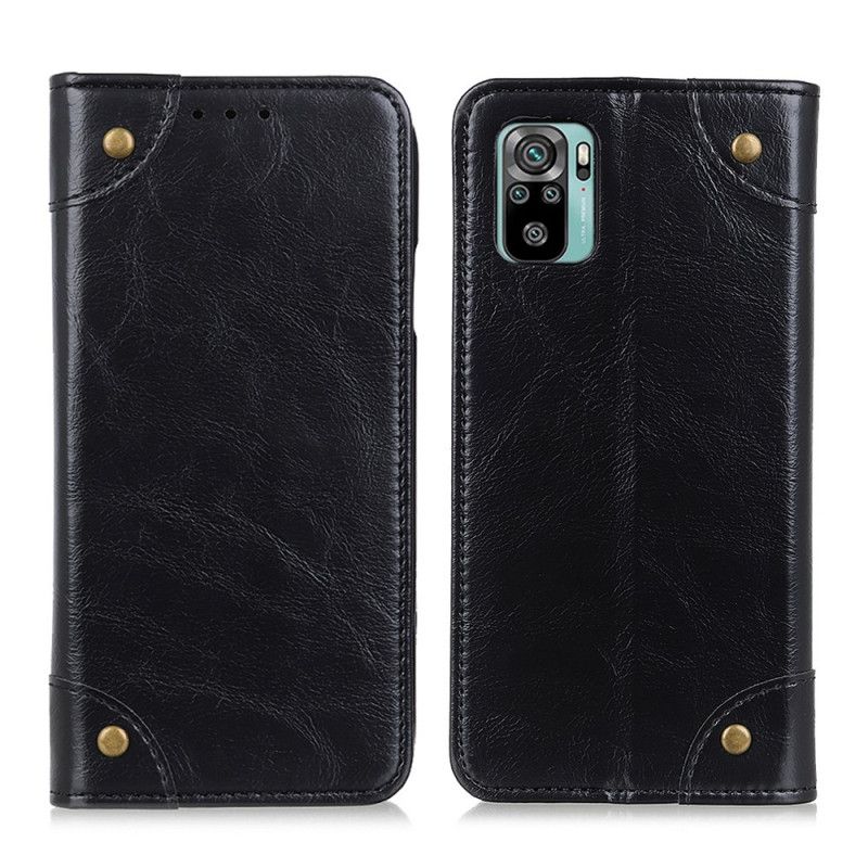 Flip Case Für Xiaomi Redmi Note 10 / Note 10S Schwarz Vintage Nieten Aus Gespaltenem Leder