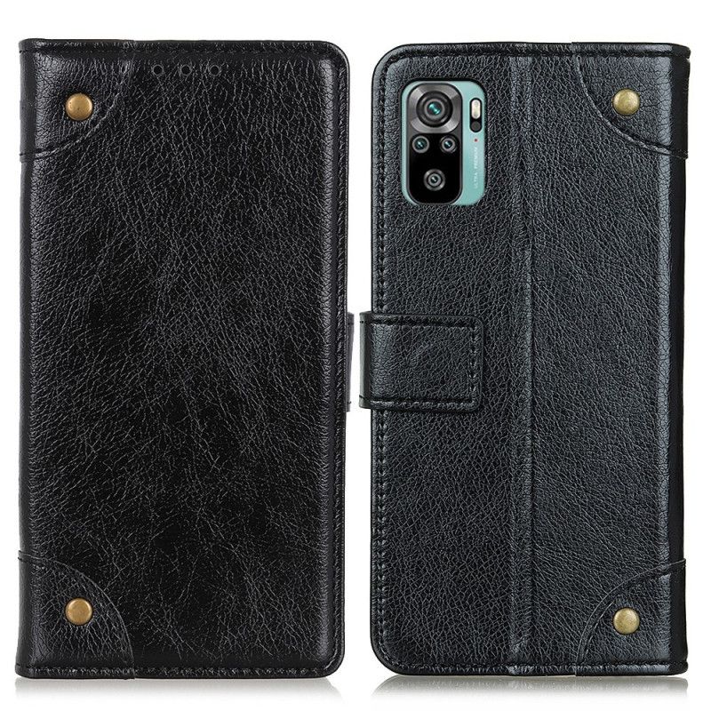 Lederhüllen Für Xiaomi Redmi Note 10 / Note 10S Schwarz Vintage Nieten Nappaleder Stil