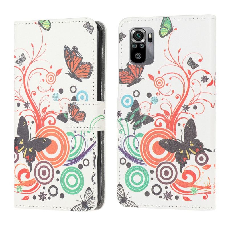 Lederhüllen Xiaomi Redmi Note 10 / Note 10S Schwarz Schmetterlinge Und Blumen