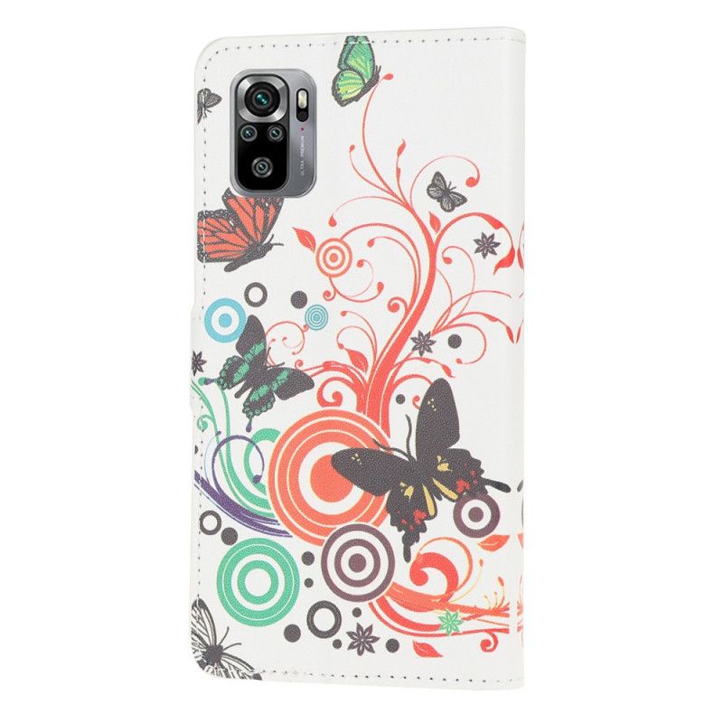 Lederhüllen Xiaomi Redmi Note 10 / Note 10S Schwarz Schmetterlinge Und Blumen