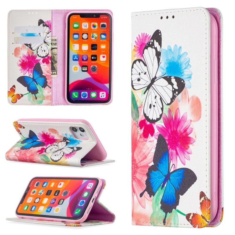 Flip Case Für iPhone 11 Weiß Bunte Schmetterlinge