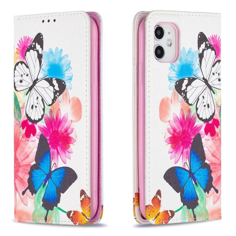 Flip Case Für iPhone 11 Weiß Bunte Schmetterlinge