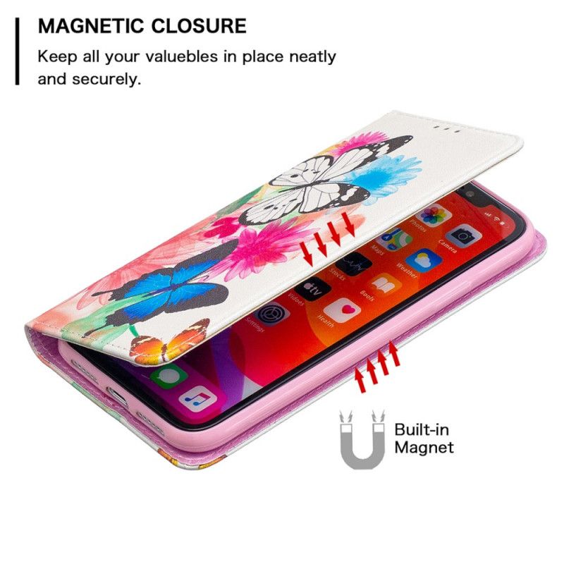 Flip Case Für iPhone 11 Weiß Bunte Schmetterlinge