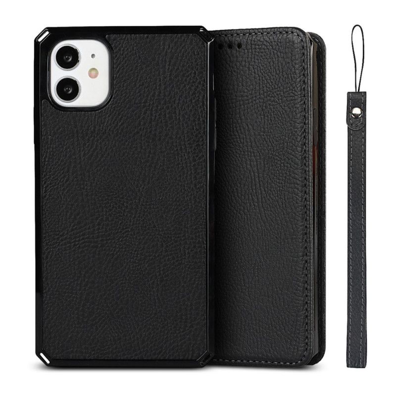 Flip Case iPhone 11 Schwarz Echtes Litschileder Mit Tanga