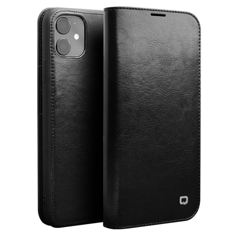 Flip Case iPhone 11 Schwarz Echtes Qialino-Leder