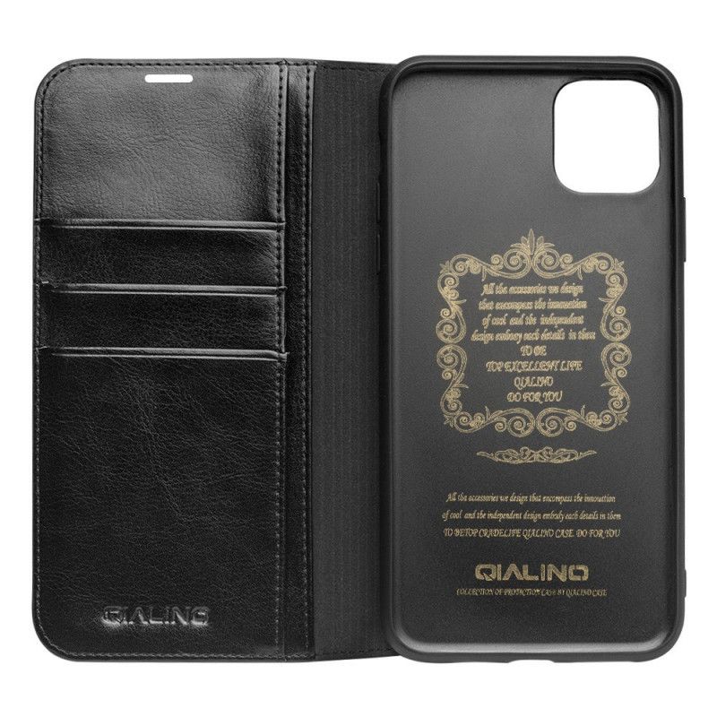 Flip Case iPhone 11 Schwarz Echtes Qialino-Leder