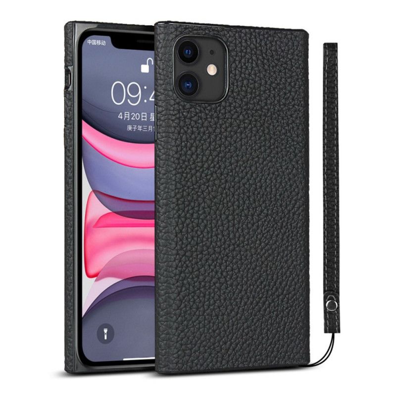 Hülle iPhone 11 Schwarz Echtes Litschileder Mit Riemen