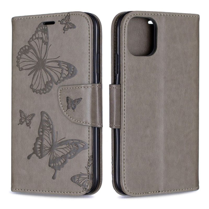 Lederhüllen Für iPhone 11 Grau Bedruckte Schmetterlinge Mit Tanga