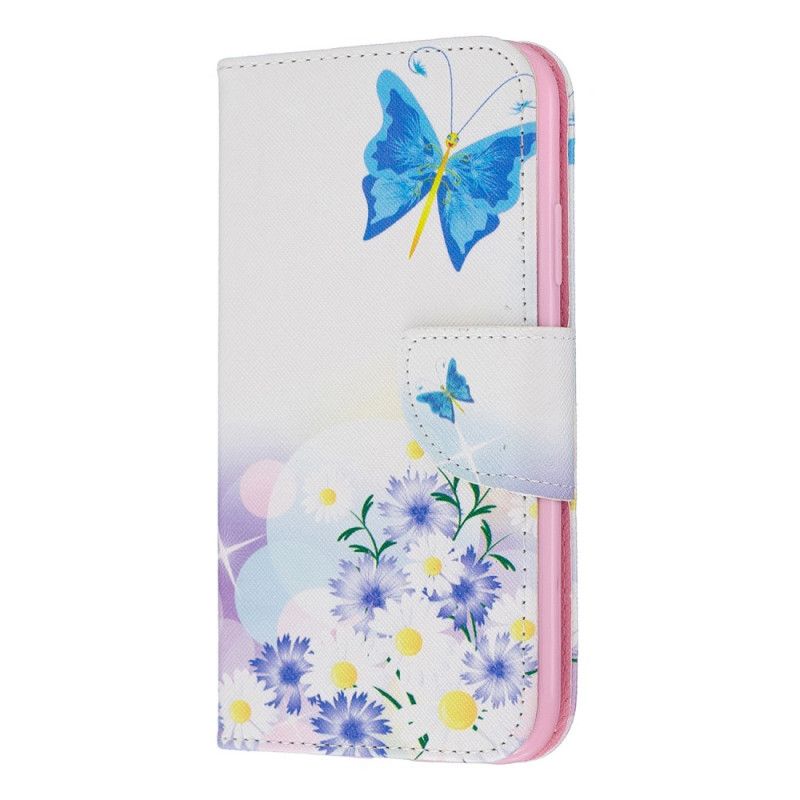 Lederhüllen iPhone 11 Magenta Bemalte Schmetterlinge Und Blumen
