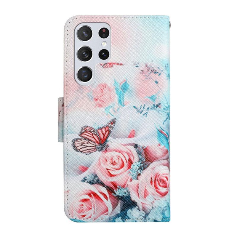Flip Case Für Samsung Galaxy S22 Ultra 5G Blumenstrauß Und Schmetterlinge