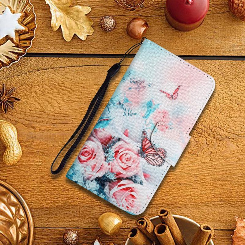 Flip Case Für Samsung Galaxy S22 Ultra 5G Blumenstrauß Und Schmetterlinge