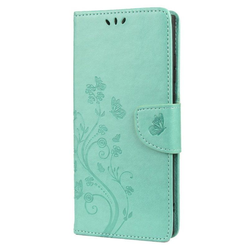 Flip Case Für Samsung Galaxy S22 Ultra 5G Schmetterlinge Und Blumen Mit Schlüsselband