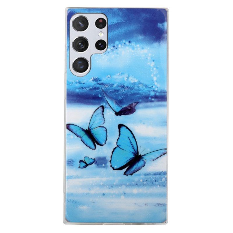 Hülle Für Samsung Galaxy S22 Ultra 5G Fluoreszierende Blaue Schmetterlinge