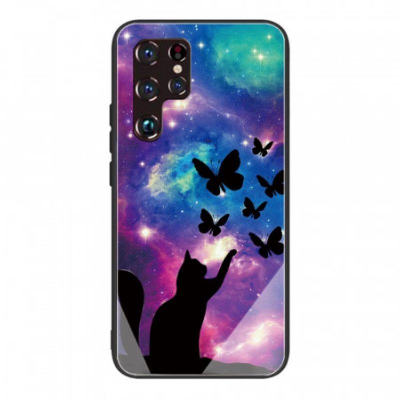 Hülle Für Samsung Galaxy S22 Ultra 5G Katze Und Schmetterlinge Aus Gehärtetem Glas Im Weltraum