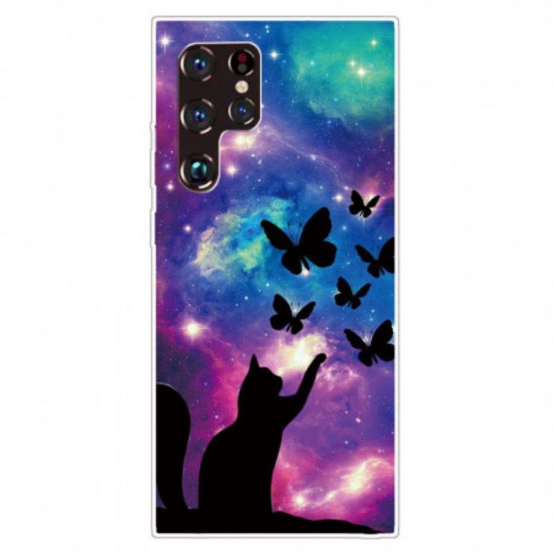 Hülle Für Samsung Galaxy S22 Ultra 5G Katze Und Schmetterlinge Im Weltraum