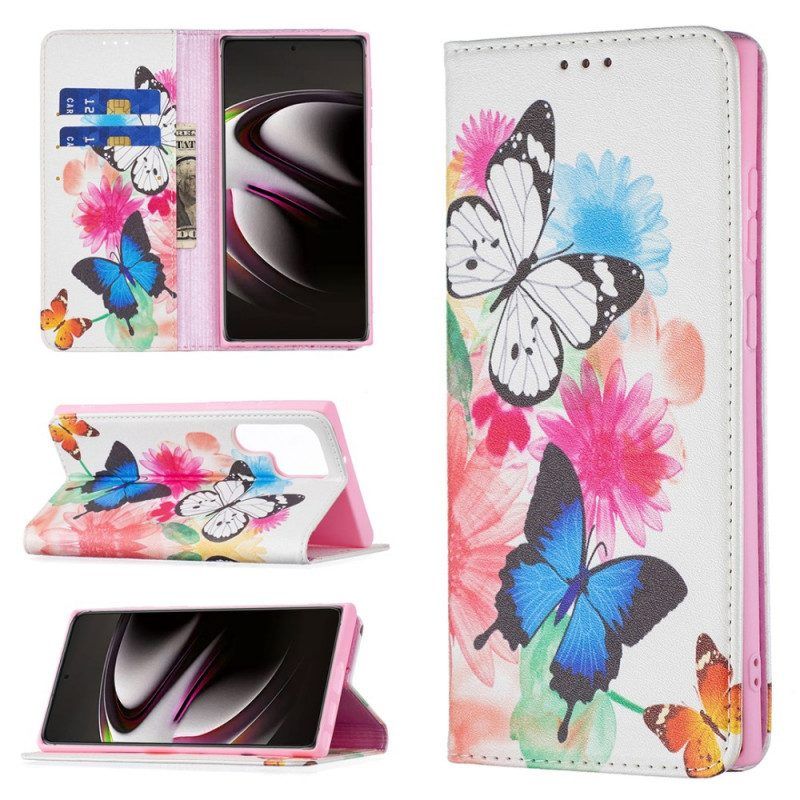Lederhüllen Für Samsung Galaxy S22 Ultra 5G Bemalte Schmetterlinge Und Blumen