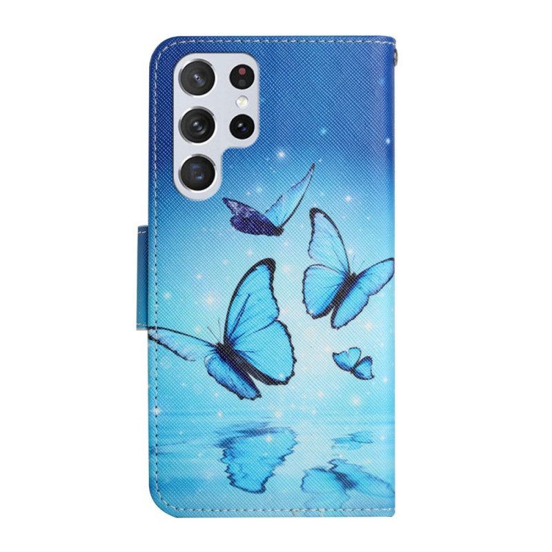 Lederhüllen Für Samsung Galaxy S22 Ultra 5G Blaue Schmetterlinge