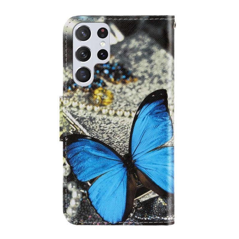 Lederhüllen Für Samsung Galaxy S22 Ultra 5G Mit Kordel Variationen Von Schmetterlingsriemen