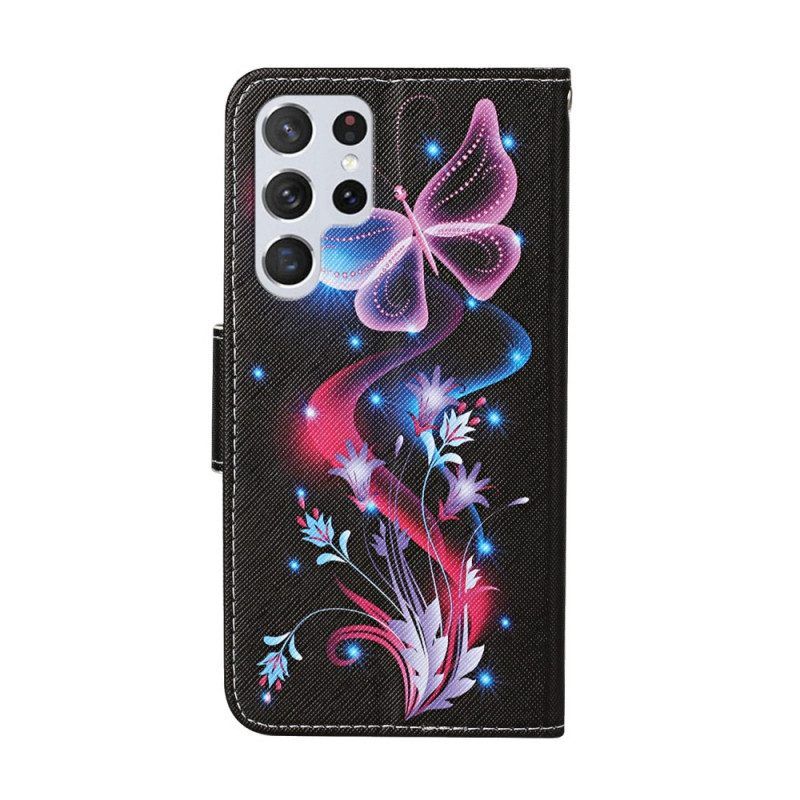 Lederhüllen Für Samsung Galaxy S22 Ultra 5G Schmetterlinge Und Schlüsselband