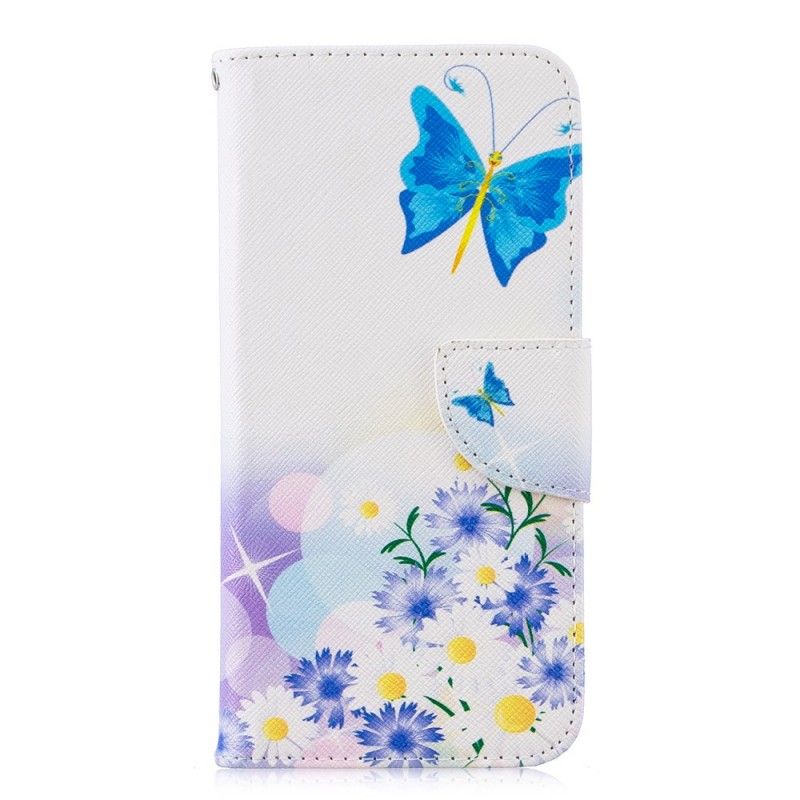 Lederhüllen Honor 10 Lite Hellblau Bemalte Schmetterlinge Und Blumen